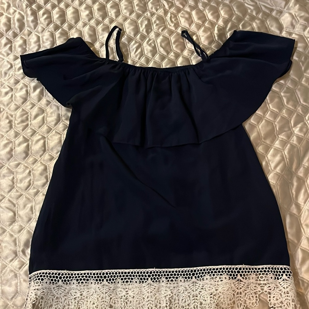 Black off shoulder w/ white lace trim blouse